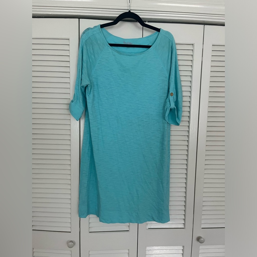 Lilly Pulitzer teal cotton long sleeve dress size large Pima cotton gold button